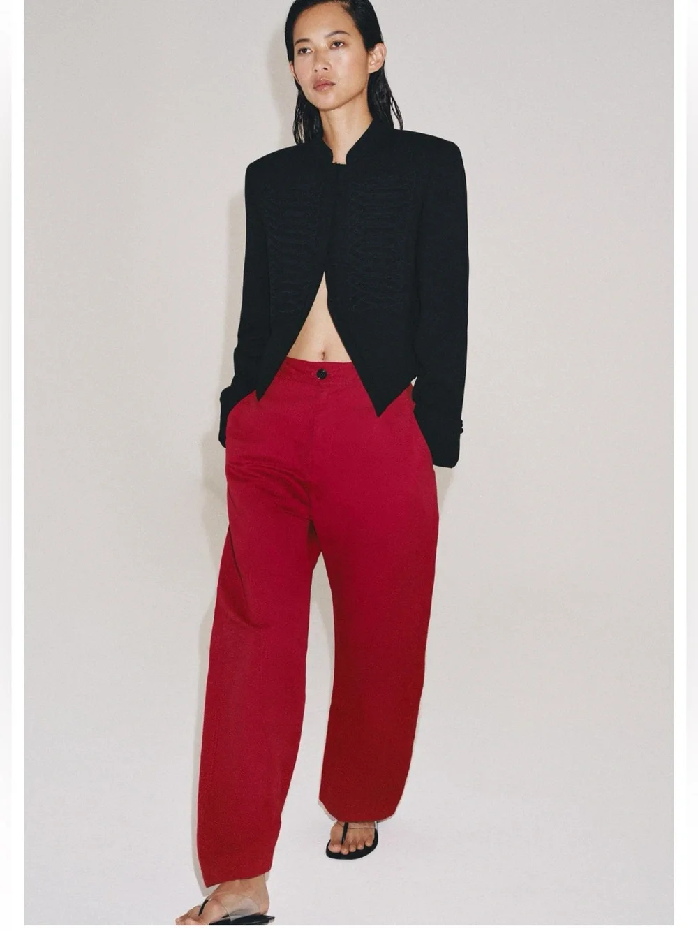 Zara ZW Collection Frog Clasp Blazer in black, featuring a high stand-up collar